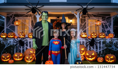 Happy family of four dressed in creative halloween costumes standing in front of decorated house 131447734