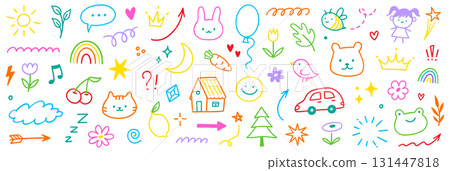 Kid cute baby doodle summer element set. Colorful kid sketch cute heart, kindergarten rainbow and childish toy cartoon elements. Hand drawn school playground activity icons. Vector 131447818