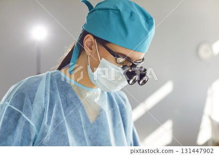 Doctor dentist with dental binocular loupes in blue medical uniform at work in dentistry clinic Doctor dentist with dental binocular loupes in blue medical uniform at work in dentistry clinic 131447902
