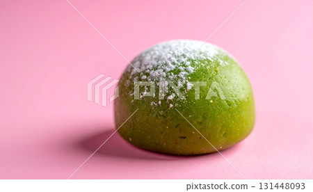 Close-up of matcha daifuku Japanese sweets placed on a pink background. Generative AI 131448093