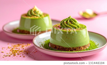 A gorgeous dessert photo of a matcha mousse cake decorated with gold dust and matcha powder, served on a plate. 131448104
