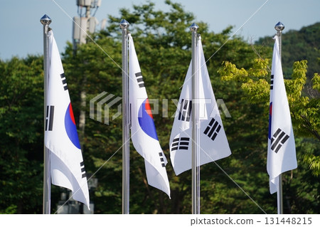 Row of South Korean National Flags on Flagpoles 131448215