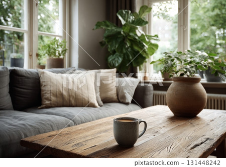 Cozy living room with coffee and houseplants 131448242