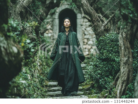 Young asian woman walking ancient forest path Young asian woman walking ancient forest path 131448244