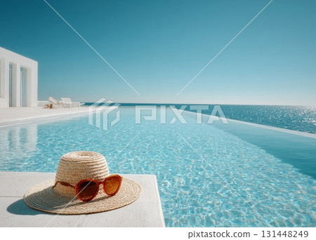Straw hat and sunglasses on infinity pool edge, relaxing vacation 131448249