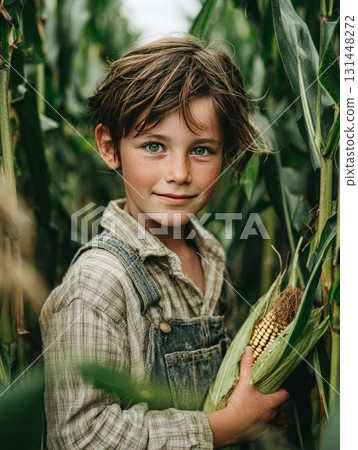 Boy holding ripe corn cob in farm field Boy holding ripe corn cob in farm field 131448272