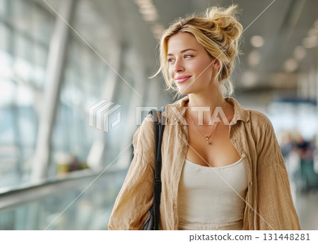 Happy blonde woman traveling in modern airport terminal 131448281