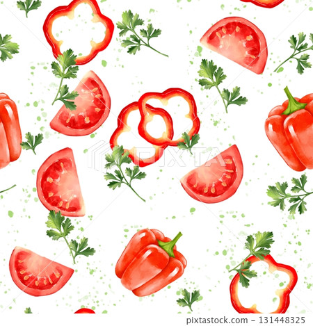 Seamless pattern featuring red bell peppers, tomato slices, pepper rings, and parsley on white background with green splatter Seamless pattern featuring red bell peppers, tomato slices, pepper rings, and parsley on white background with green splatter 131448325