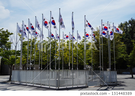 Dozens of South Korean Flags Hanging on a Metal Fence Dozens of South Korean Flags Hanging on a Metal Fence 131448389