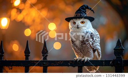 Owl Wearing Witch Hat Perched on Old Iron Fence Owl Wearing Witch Hat Perched on Old Iron Fence 131448399