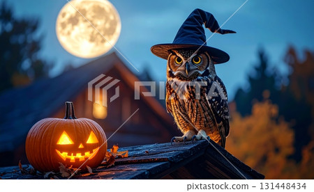 Owl in Witch Hat with Halloween Pumpkin at Night Owl in Witch Hat with Halloween Pumpkin at Night 131448434