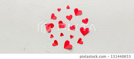 Valentine day background with red hearts, top view with copy space Valentine day background with red hearts, top view with copy space 131448653