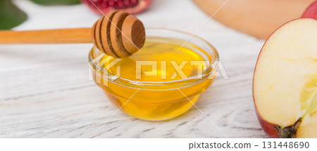 Flat lay composition with symbols jewish Rosh Hashanah holiday attributes on colored background, Rosh hashanah concept. New Year holiday Traditional. Top view with copy space 131448690