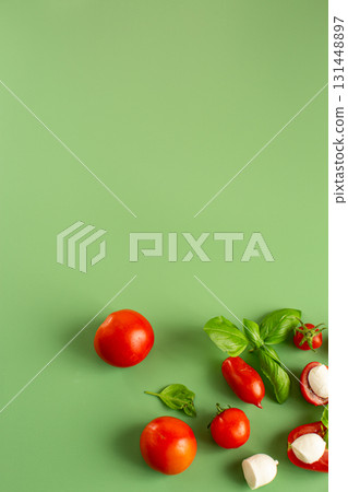 still life with mozzarella tomatoes and herbs on top still life with mozzarella tomatoes and herbs on top 131448897