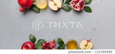Flat lay composition with symbols jewish Rosh Hashanah holiday attributes on colored background, Rosh hashanah concept. New Year holiday Traditional. Top view with copy space 131448999