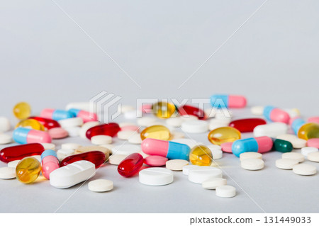 Many different colorful medication and pills perspective view. Set of many pills on colored background 131449033