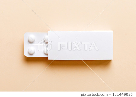 Blank White Product Package Box Mock-up. Open blank medicine drug box with blister top view Blank White Product Package Box Mock-up. Open blank medicine drug box with blister top view 131449055