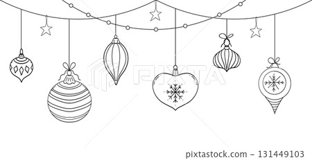 Christmas garland hanging balls, stars sketch elements decorating for the Christmas and New Year. Design element, winter border, header  131449103