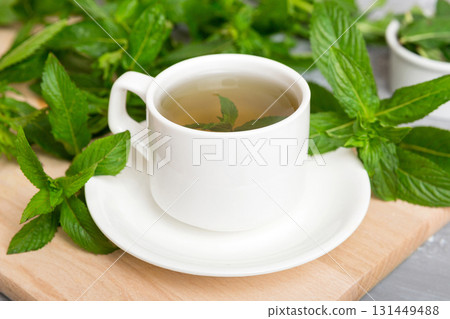 Cup of mint tea on table background. Green tea with fresh mint top view with copy space 131449488