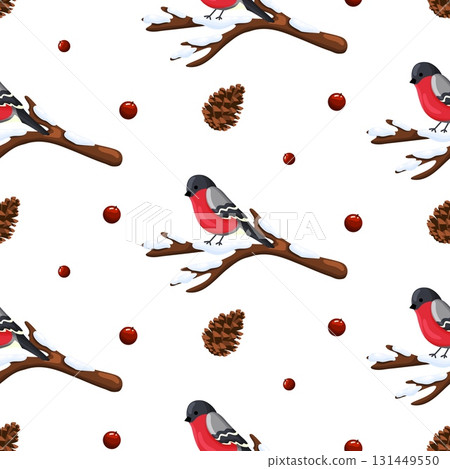 Bullfinch Bird Pine Cone and Snow Seamless Pattern 131449550