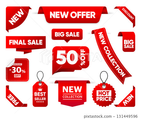Red sale stickers, best sellers, hot price, special offers. Set label tags, realistic ribbon. Promotional emblems. Badges for store. Vector illustration. 131449596