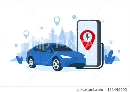 EV charger station with electric vehicle in flat design. Modern technology industries. City charging station. Vector illustration. EV charger station with electric vehicle in flat design. Modern technology industries. City charging station. Vector illustration. 131449605