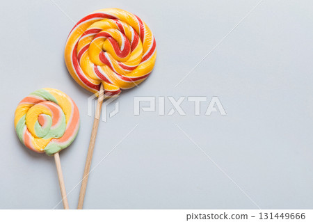 Set of colorful lollipops on colored background. Summer concept. Party Happy Birthday or Minimalist Concept 131449666