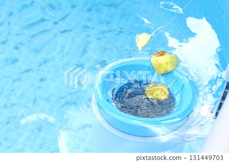 Top view of the blue skimmer for cleaning the pool in clear water. Contaminated pool cleaning concept Top view of the blue skimmer for cleaning the pool in clear water. Contaminated pool cleaning concept 131449703
