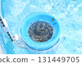 Top view of the blue skimmer for cleaning the pool in clear water. Contaminated pool cleaning concept 131449705