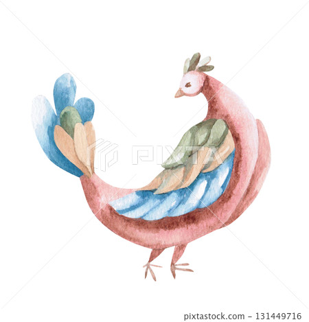 A standing bird in a fairytale style. Isolated watercolor illustration of a fantastical animal for children's educational materials, printing on cards, fabric, books, and children's room design. 131449716