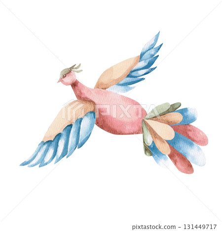 A soaring bird in a fairytale style. Isolated watercolor illustration of a fantastical animal for children's educational materials, printing on cards, fabric, books, and children's room design. A soaring bird in a fairytale style. Isolated watercolor illustration of a fantastical animal for children's educational materials, printing on cards, fabric, books, and children's room design. 131449717