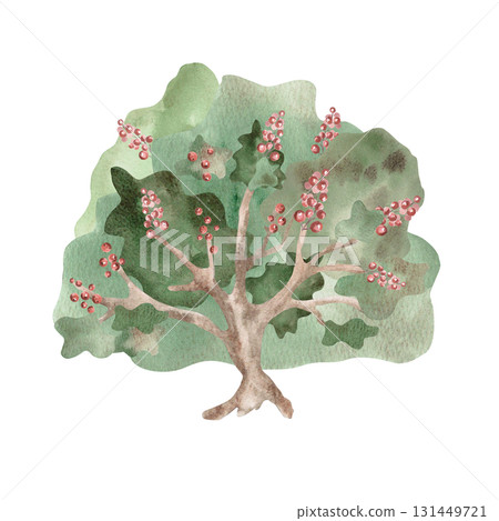 A large bush with red berries in a fairytale style. Isolated watercolor illustration for children's educational materials, postcards, fabric, books, and nursery design. A large bush with red berries in a fairytale style. Isolated watercolor illustration for children's educational materials, postcards, fabric, books, and nursery design. 131449721