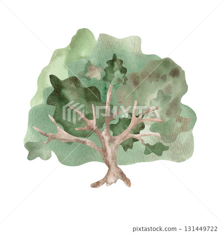 A large bush in a fairytale style. Isolated watercolor illustration for children's educational materials, postcards, fabric, books, and nursery design. 131449722