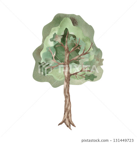 A large tree in a fairytale style. Isolated watercolor illustration for children's educational materials, postcards, fabric, books, and nursery design. A large tree in a fairytale style. Isolated watercolor illustration for children's educational materials, postcards, fabric, books, and nursery design. 131449723