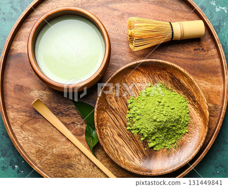 剛泡好的抹茶和茶道用具插圖 131449841
