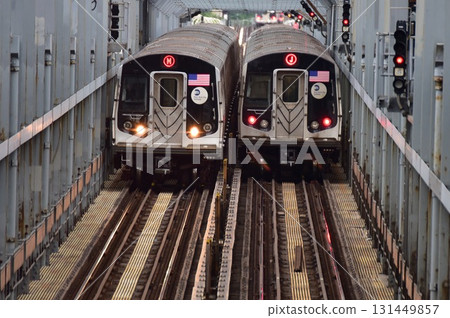 New York: Subway cars running parallel to an elevated bridge 131449857