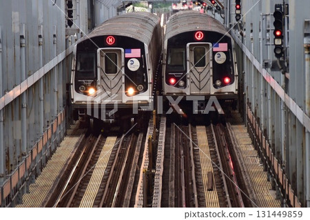 New York: Subway cars running parallel to an elevated bridge 131449859