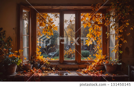 Family is gathered around a wooden dining table with a variety of food and drinks. The atmosphere is warm and inviting, with everyone enjoying each other's company 131450145