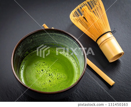 Matcha, tea whisk, and tea scoop 131450163
