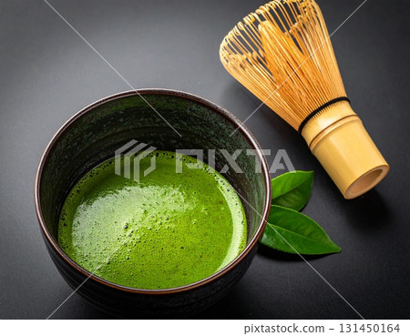 Matcha, tea whisk, and tea scoop 131450164