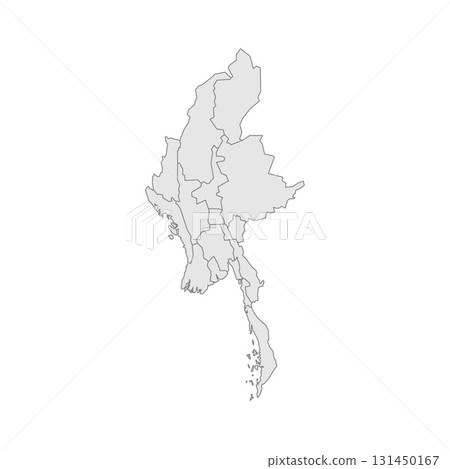 Myanmar political map of administrative divisions - states, regions and Naypyitaw Union Territory. Grey blank vector editable map EPS. Myanmar political map of administrative divisions - states, regions and Naypyitaw Union Territory. Grey blank vector editable map EPS. 131450167