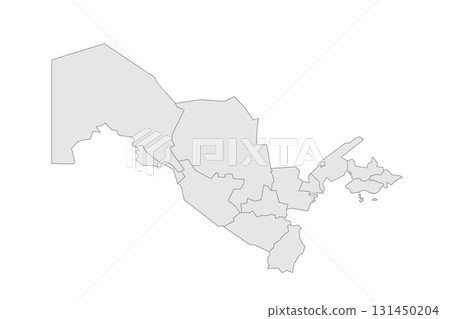 Uzbekistan political map of administrative divisions - regions, autonomous republic of Karakalpakstan and independent city of Tashkent. Grey blank vector editable map EPS. 131450204