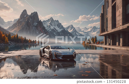 Silver car is parked in front of a mountain range. The car is a Porsche and is parked on a lake. The scene is serene and peaceful, with the mountains in the background and the lake reflecting the car Silver car is parked in front of a mountain range. The car is a Porsche and is parked on a lake. The scene is serene and peaceful, with the mountains in the background and the lake reflecting the car 131450228