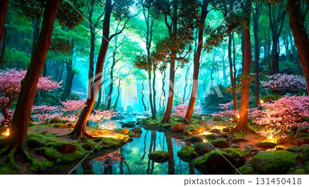 Escape to a serene forest with a tranquil stream, vibrant cherry blossoms, and magical lighting. Perfect for fantasy projects and nature-inspired designs. 131450418