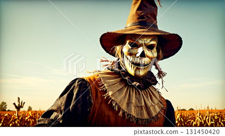 A spooky scarecrow with a skull mask stands guard in a sunlit cornfield. Perfect for Halloween designs, autumn themes, or rustic countryside projects. 131450420
