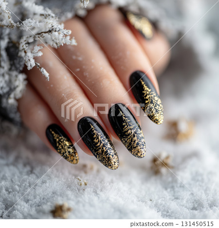 Elegant Christmas nail art with gold trees on black nails 131450515