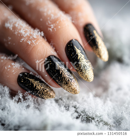 Elegant Christmas nail art with black and gold design 131450516