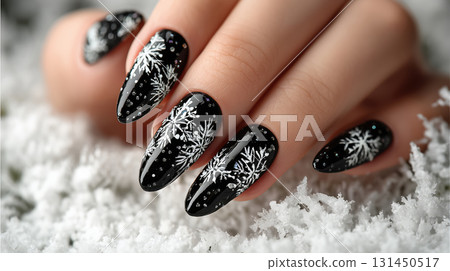 Elegant Christmas nail art with snowflakes on black nails 131450517