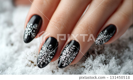 Elegant Christmas nail art with snowflakes on black nails 131450518