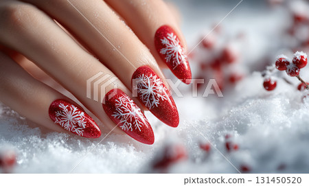 Red nails with snowflake design on snow Red nails with snowflake design on snow 131450520